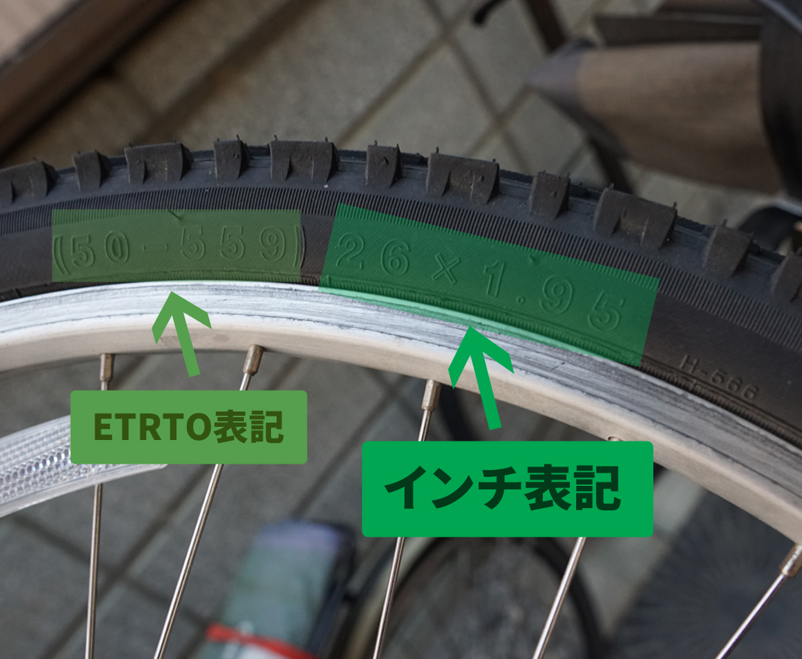 HE規格のホイールではタイヤの表記が「インチ×インチ小数点（例  26×1.95）」で表記される！（マウンテンバイクで使用されるアメリカンスタイルだけど、今日ではいろんな自転車に採用されている）